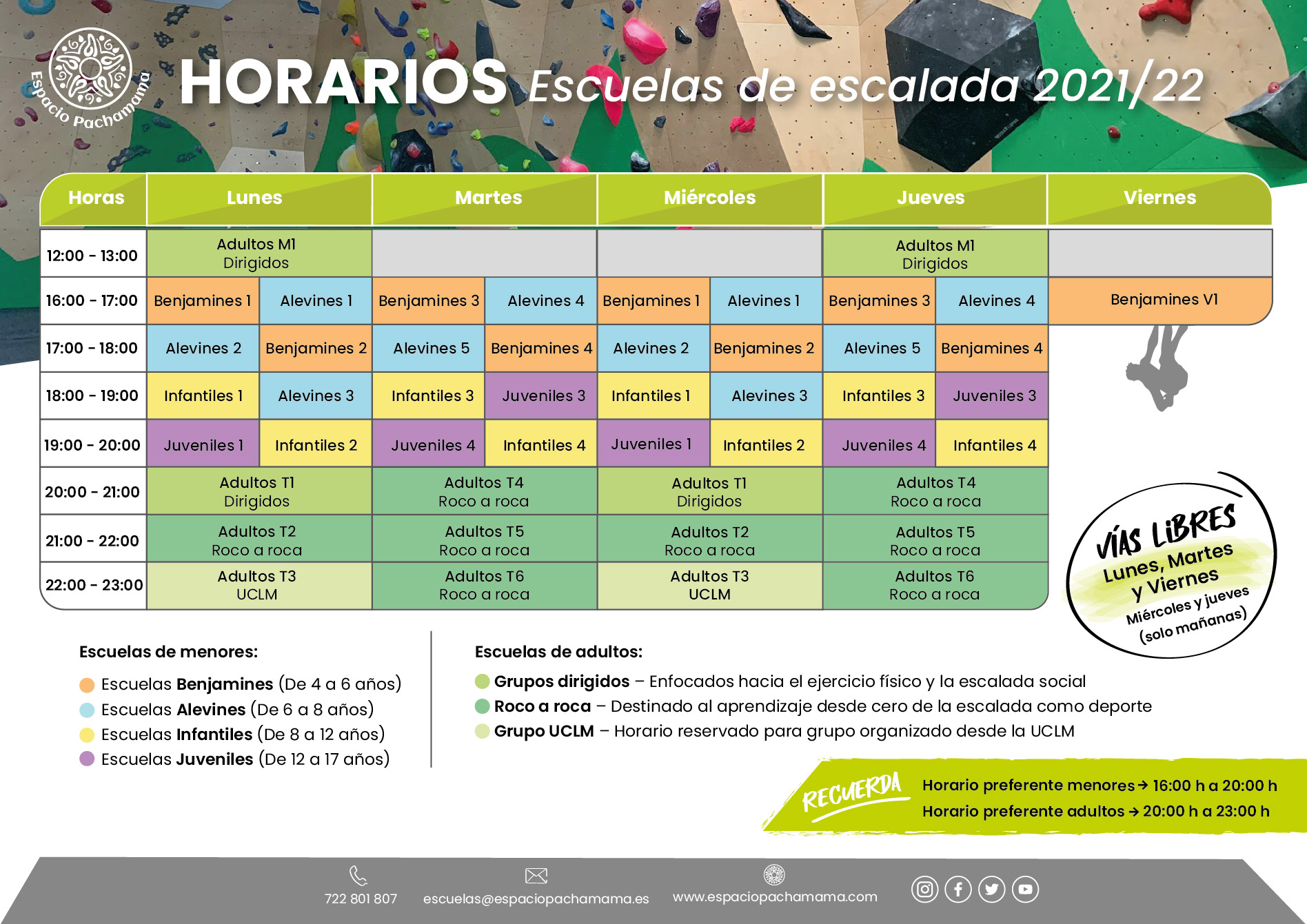 horarios de las escuelas de escalada en roco 2021-2022 Espacio Pachamama